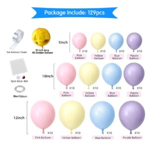 Blue Yellow Pink Purple Balloon Garland Arch Kit, 123PCS Macaron Pink Yellow Blue Purple Pastel Balloons 4D Foil Balloons for Sweet Girls Birthday Bridal Shower Wedding Engagement Party Decoration