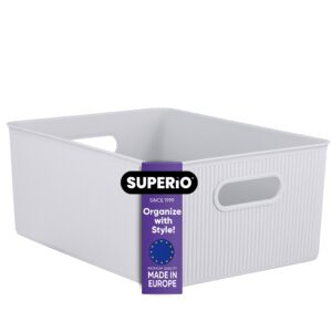 superio ribbed collection - decorative plastic open home storage bins organizer baskets, large white smoke (1 pack) container boxes for organizing closet shelves drawer shelf 15 liter/16 quart