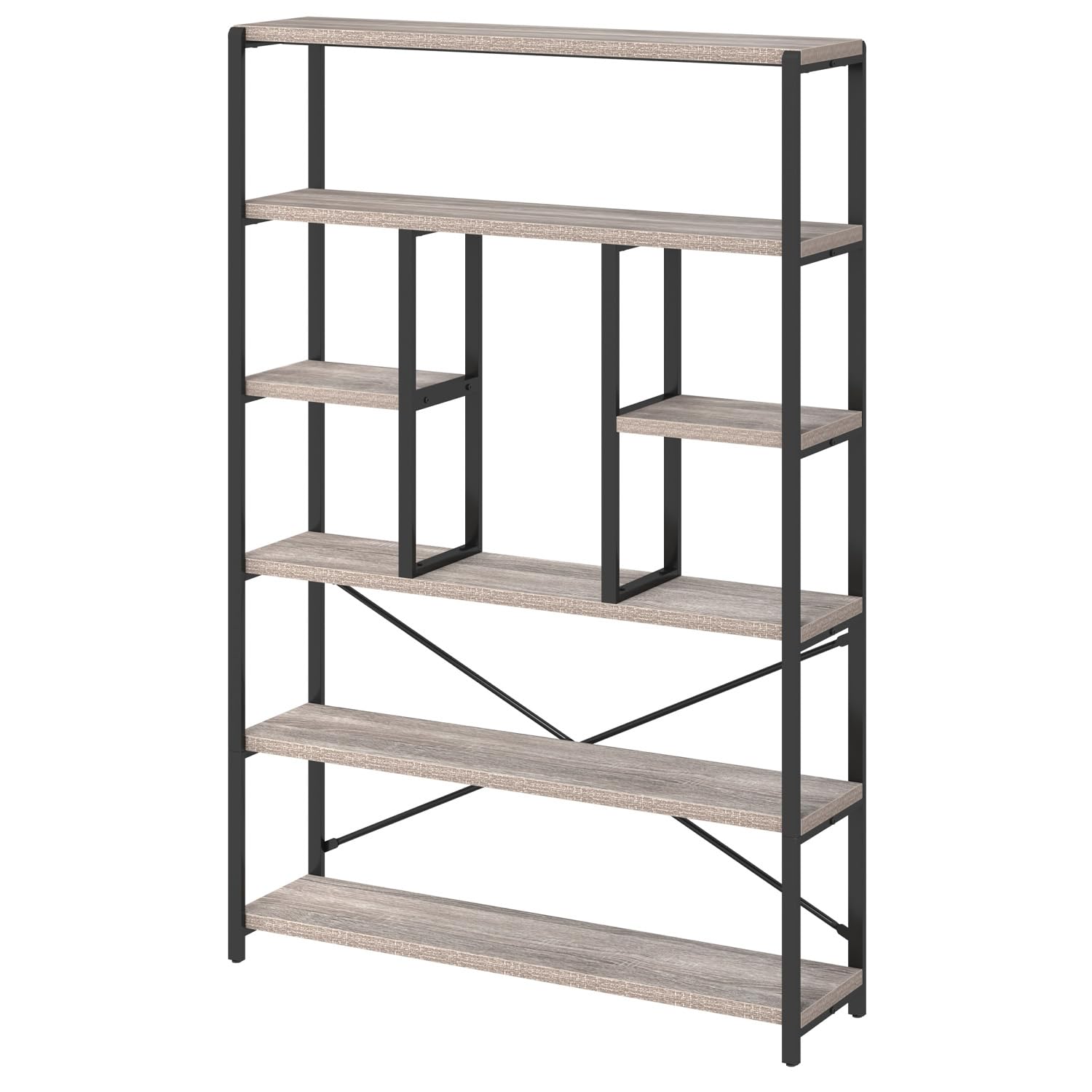 LVB Industrial 6 Tier Bookshelf, Large Tall Open Rustic Vintage Etagere Bookcase, Gray Big Wide Modern Farmhouse Wood and Metal Book Shelf for Home Bedroom Living Room Office Storage, Light Grey Oak