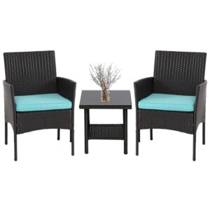 fdw 3 piece outdoor furniture set patio wicker chairs furniture bistro conversation set 2 rattan chairs with blue cushions and glass coffee table for porch lawn garden balcony backyard