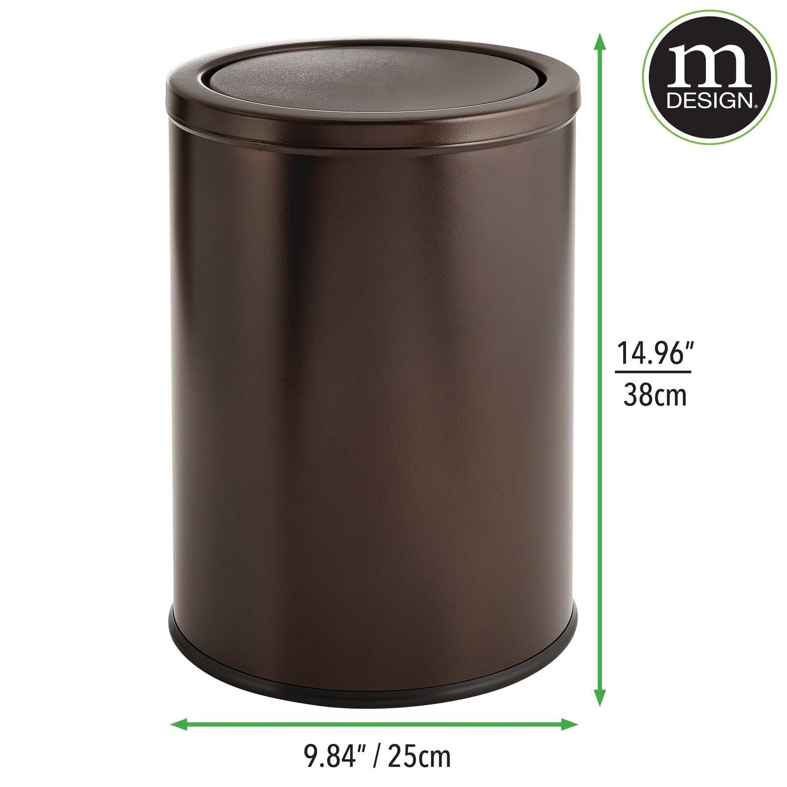 mDesign Small Round Metal 4.8 Gallon/18 Liter Covered Bathroom Garbage Swing Lid Trash Can Waste Basket Bin for Bathroom, Bedroom, Kitchen, Craft Room, Office, Laundry Room, Garage - Bronze