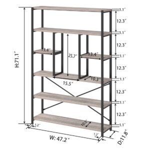 LVB Industrial 6 Tier Bookshelf, Large Tall Open Rustic Vintage Etagere Bookcase, Gray Big Wide Modern Farmhouse Wood and Metal Book Shelf for Home Bedroom Living Room Office Storage, Light Grey Oak