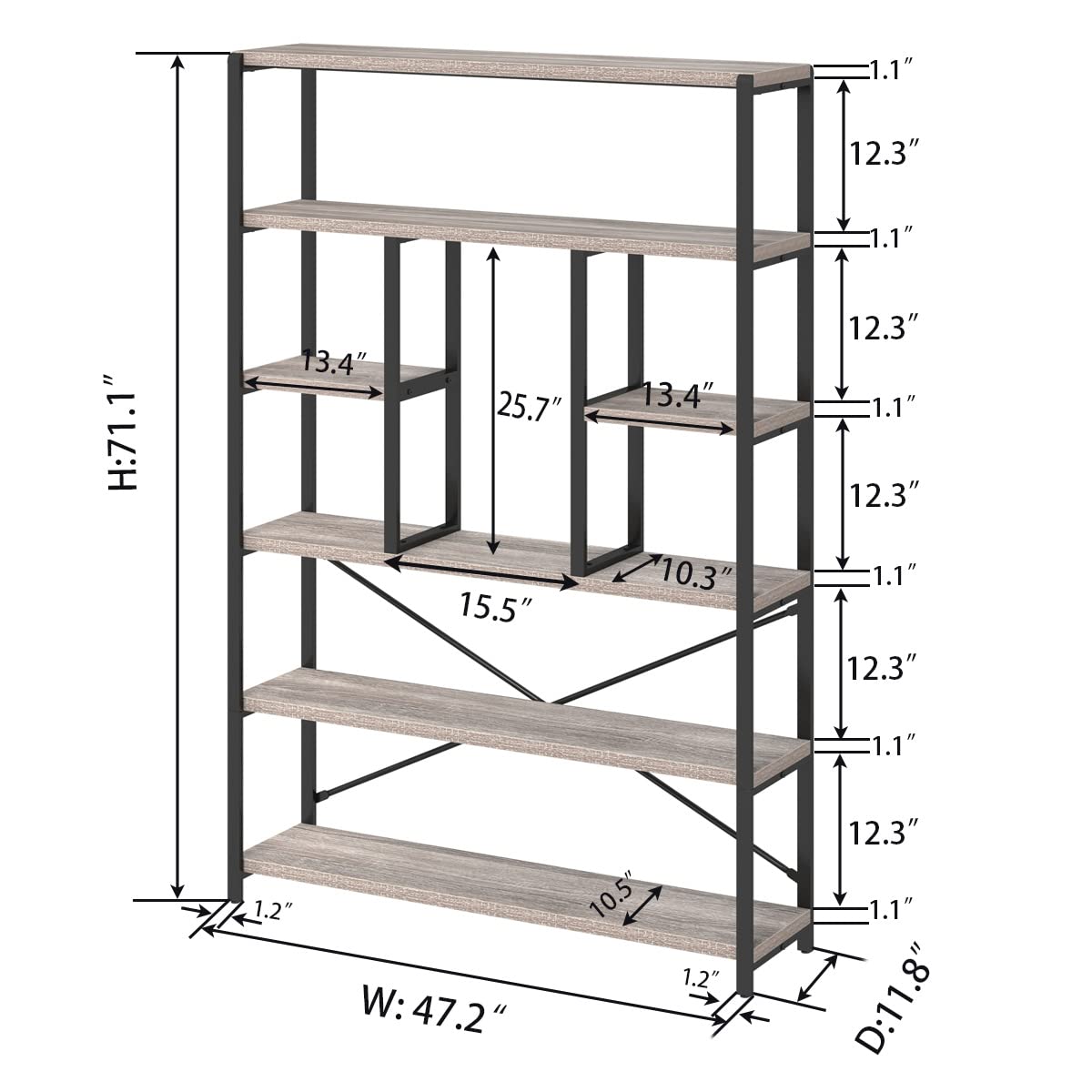 LVB Industrial 6 Tier Bookshelf, Large Tall Open Rustic Vintage Etagere Bookcase, Gray Big Wide Modern Farmhouse Wood and Metal Book Shelf for Home Bedroom Living Room Office Storage, Light Grey Oak