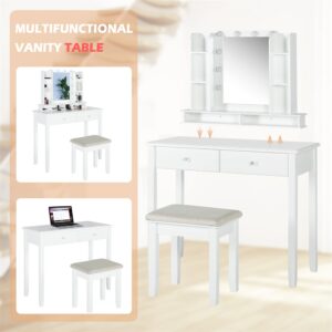 LINLUX Makeup Vanity Desk with Mirror and Lights, White Vanity Table Set with Charging Station, Open Shelves, 3 Color & Adjustable Brightness, Dressing Table with Cushioned Stool for Bedroom