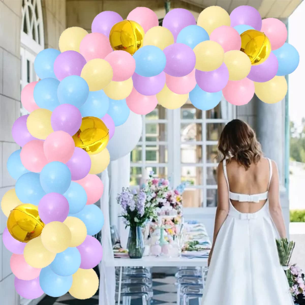 Blue Yellow Pink Purple Balloon Garland Arch Kit, 123PCS Macaron Pink Yellow Blue Purple Pastel Balloons 4D Foil Balloons for Sweet Girls Birthday Bridal Shower Wedding Engagement Party Decoration