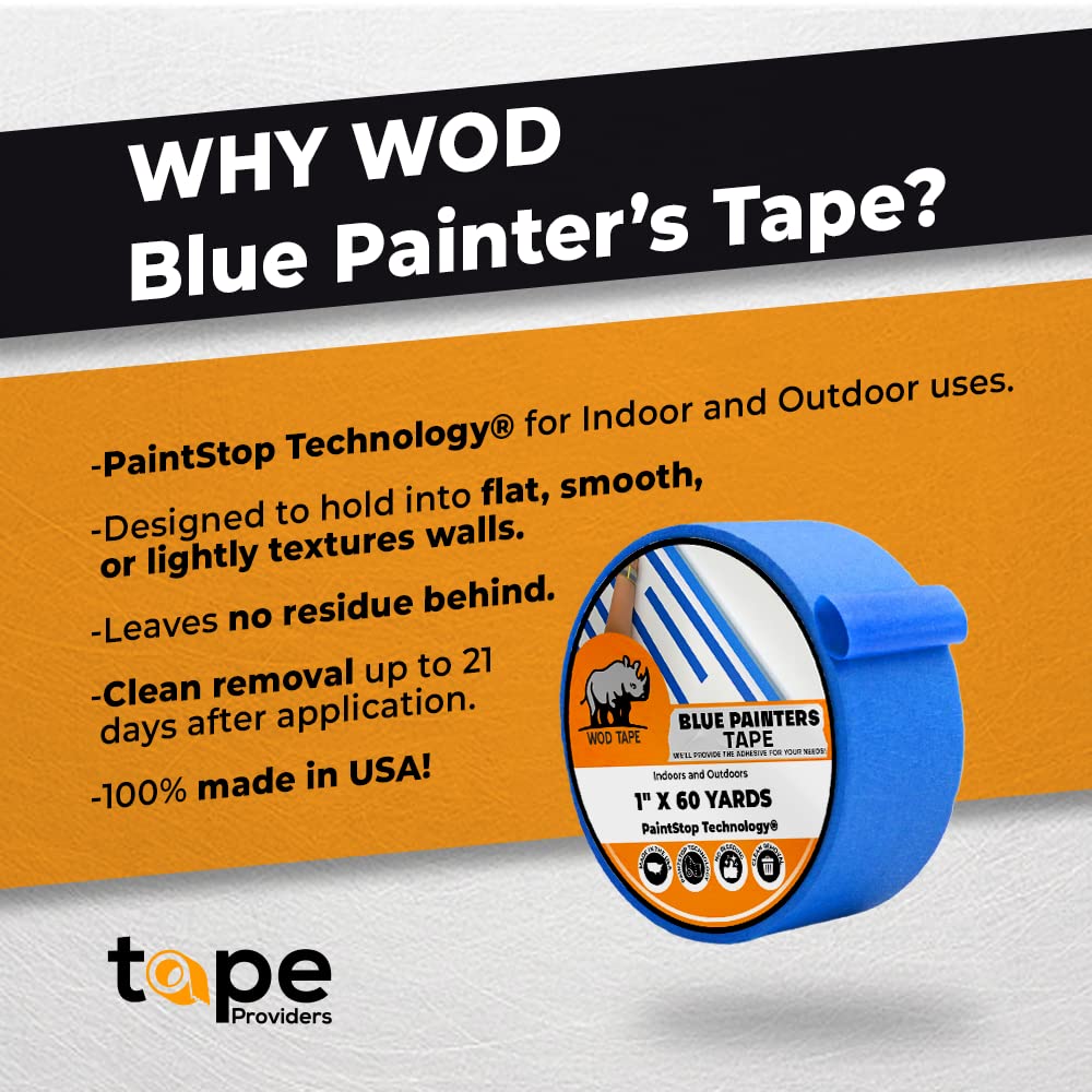 WOD PMT21B Blue Painter’s Tape - 3 inch x 60 yds. (4 Pack). Thick & Wide Masking Tape for Safe Wall Painting, Building, Remodeling, Labeling, Edge Finishing