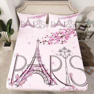 Eiffel Tower Sheet Set Twin,Peach Blossom Pink Bedding Set for Kids Teens Girls Boys,Paris Cityscape Romantic Theme Bed Sheet Set 3pcs with Deep Pocket Fitted Sheet + Flat Sheet + 1 Pillowcase