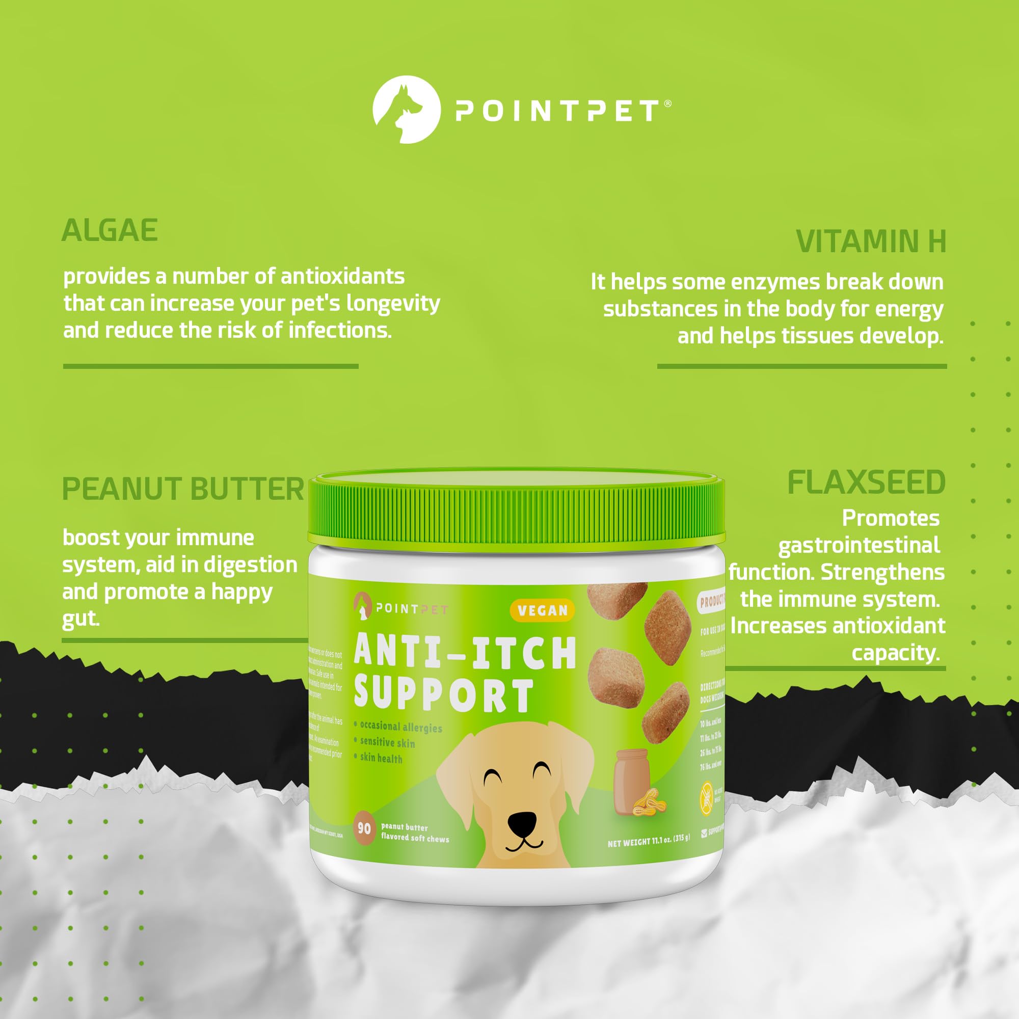 PointPet Vegan Skin Support for Dogs, 90 Count - Immune & Allergy Supplement with Omega 3, Biotin & Vitamin E - Itchy Skin Relief, Peanut Butter Flavor