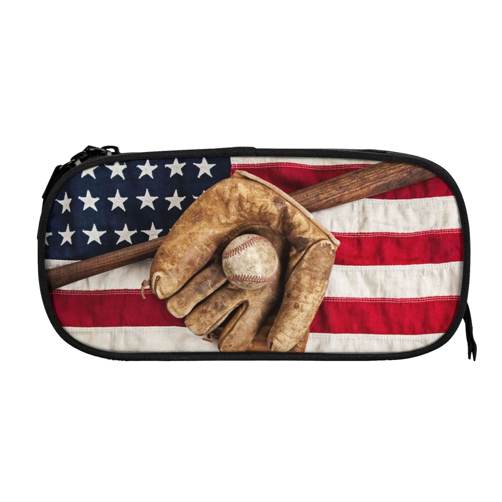 Gesey-R4T Baseball American Flag Pattern Pen Pencil Case Bag Big Capacity Multifunction Storage Pouch Organizer with Zipper Office University for Girls Boy, Black One Size