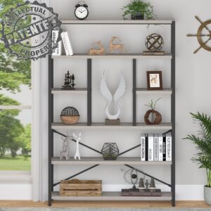 LVB Industrial 6 Tier Bookshelf, Large Tall Open Rustic Vintage Etagere Bookcase, Gray Big Wide Modern Farmhouse Wood and Metal Book Shelf for Home Bedroom Living Room Office Storage, Light Grey Oak