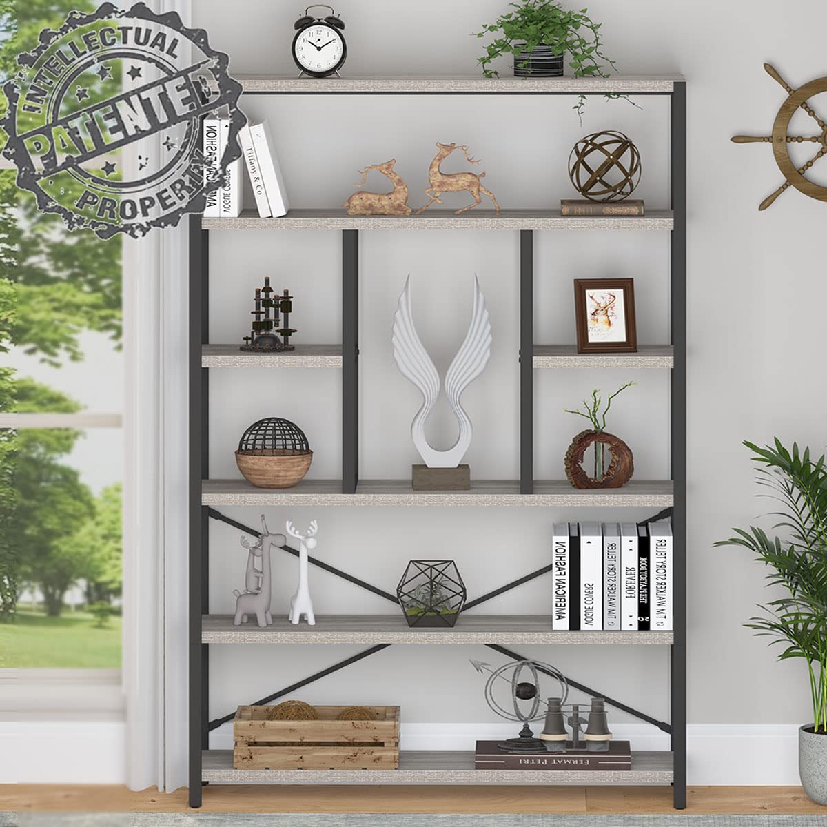 LVB Industrial 6 Tier Bookshelf, Large Tall Open Rustic Vintage Etagere Bookcase, Gray Big Wide Modern Farmhouse Wood and Metal Book Shelf for Home Bedroom Living Room Office Storage, Light Grey Oak