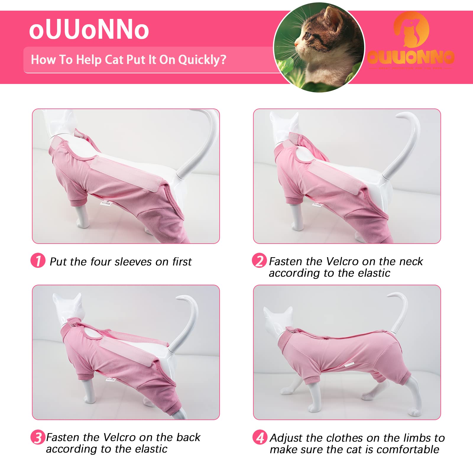 oUUoNNo Cat Recovery Suit for Abdominal Wounds or Skin Diseases,E-Collar Alternative for Cats,After Surgery Wear,Pajama Suit Long Sleeve Prevent Shedding (X-Small, Pink)