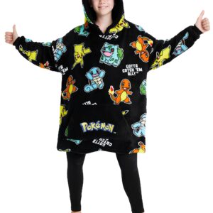 Pokemon Oversized Hoodie Blanket for Kids, Pikachu Gifts for Boys (Black Aop)