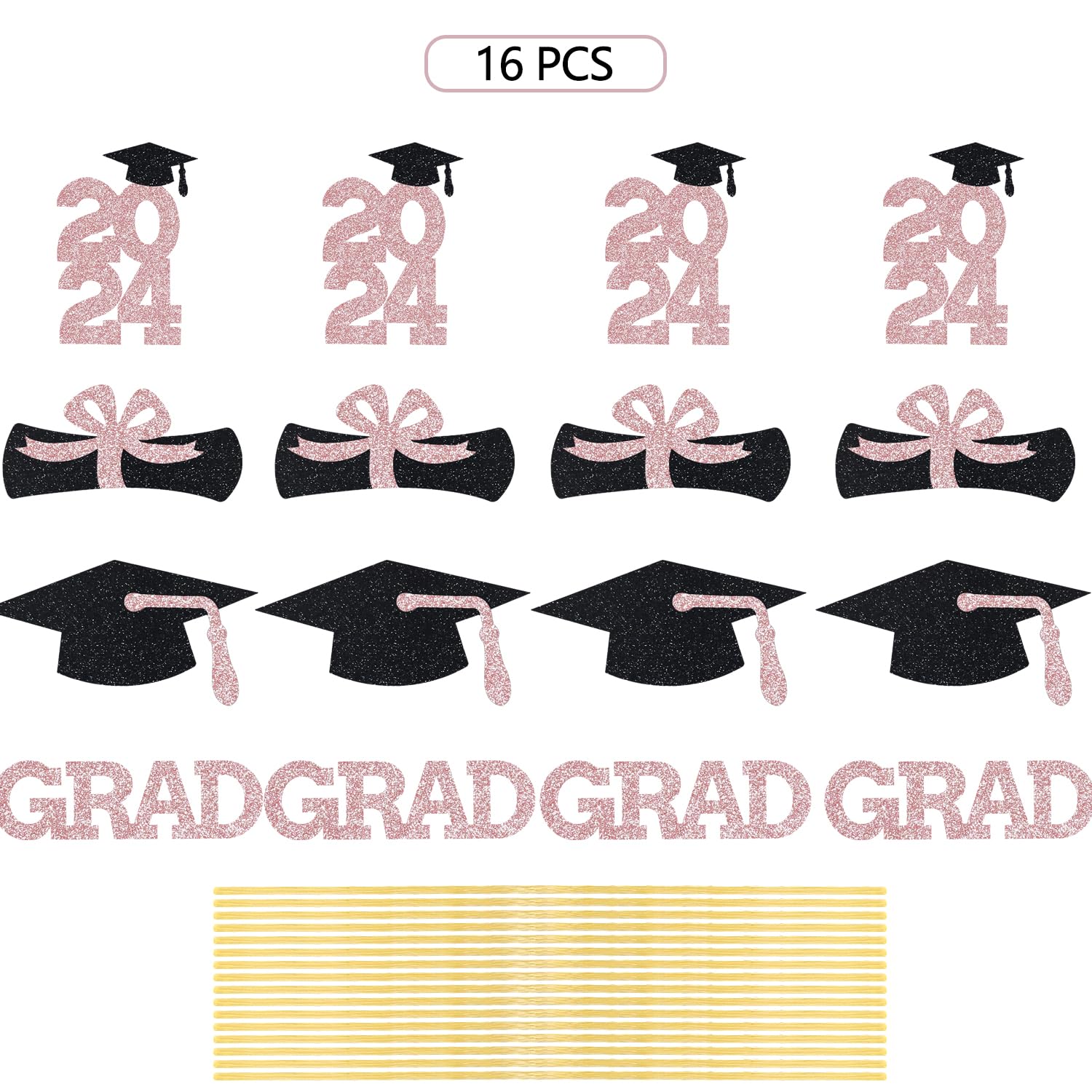 Rose Gold Graduation Party Centerpiece Photo Table Decoration Grad Sticks Glitter Favors Gift Ideas 16 Pieces