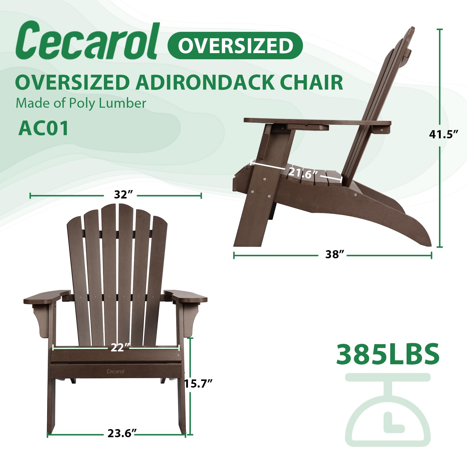 Cecarol Oversized Adirondack Chair Plastic, Outdoor Fire Pit Chair with Cup Holder, Adirondack Patio Chair Weather Resistant for Outside, Porch, Lawn, Garden- AC01, Coffee