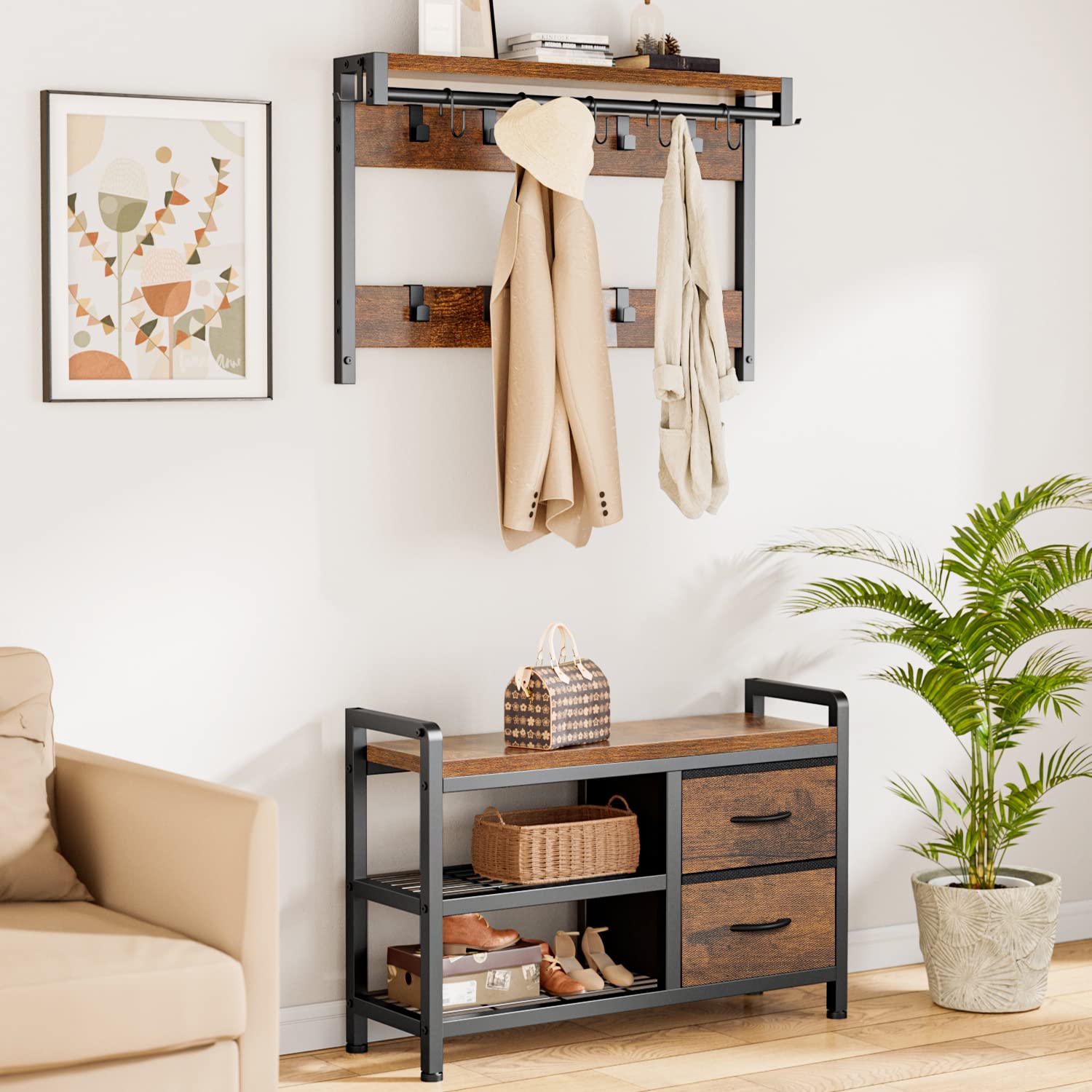 Lulive Hall Tree, 31.5” Entryway Bench with Coat Rack freestanding, 5 in 1 Intelligent Design Shoe Bench and Wall Rack 17 Hooks and Drawers (Rustic Brown)