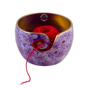 Hind Handicrafts Premium Solid Crafted Floral Metallic Finish Aluminium Portable Yarn Bowl Holder for Knitting Crochet Christmas Gift Set (6" x 6" x 4", Purple)