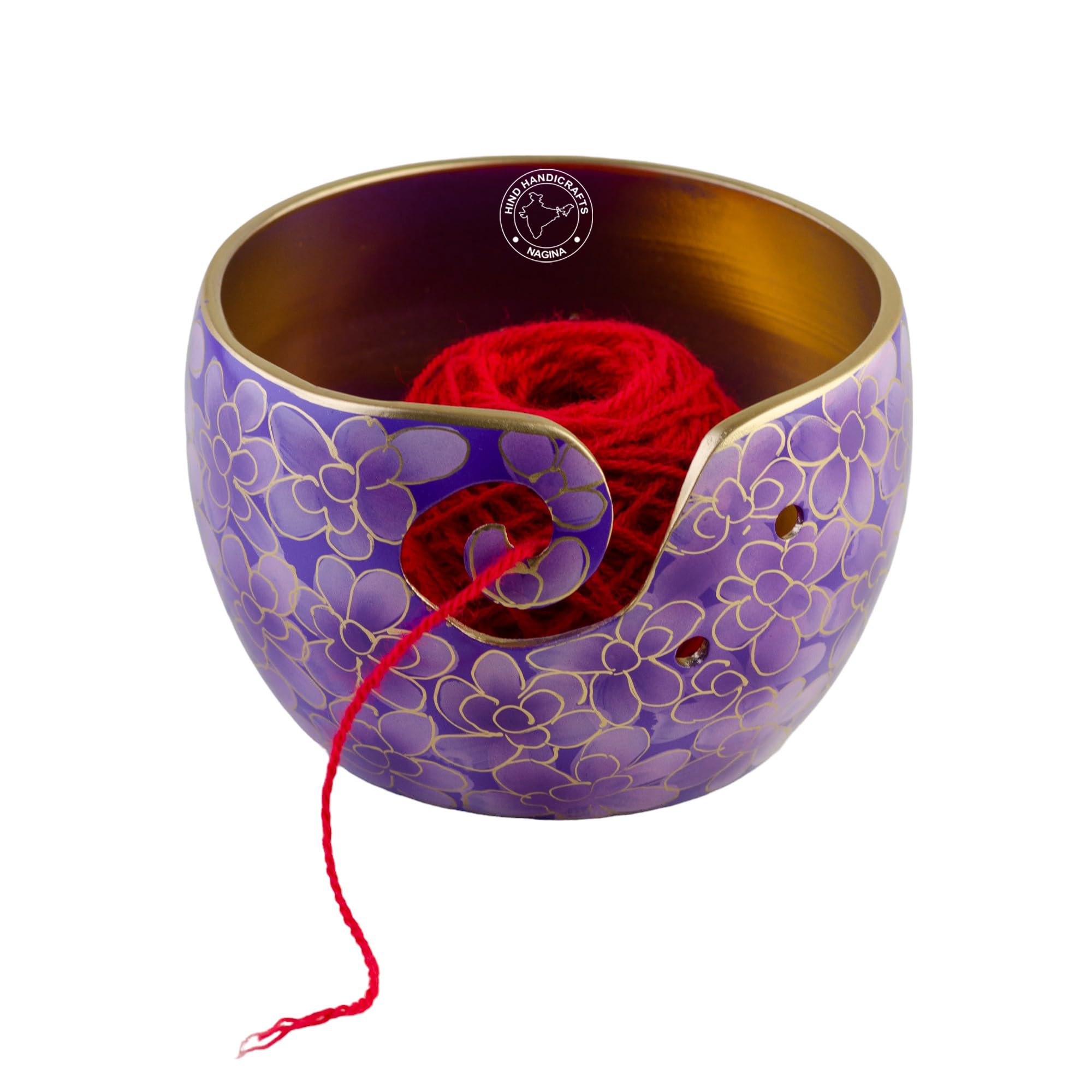 Hind Handicrafts Premium Solid Crafted Floral Metallic Finish Aluminium Portable Yarn Bowl Holder for Knitting Crochet Christmas Gift Set (6" x 6" x 4", Purple)