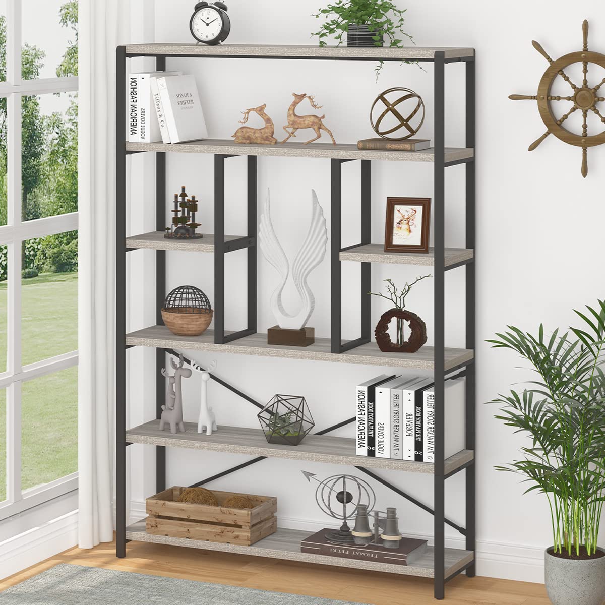 LVB Industrial 6 Tier Bookshelf, Large Tall Open Rustic Vintage Etagere Bookcase, Gray Big Wide Modern Farmhouse Wood and Metal Book Shelf for Home Bedroom Living Room Office Storage, Light Grey Oak