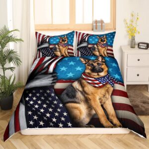 American Flag Duvet Cover Set King Size,German Shepherd Animal Comforter Cover with 2 Pillowcases,Stars Stripes USA Flag Modern Bedding Set for Adult Young Bedroom Xmas Gift