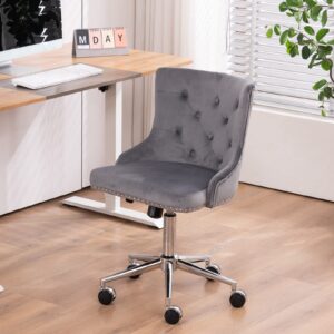 vingli grey velvet armless home office desk chair with gold base/wheels, small cute vanity/makeup chair with back for bedroom, upholstered adjustable rolling swivel nail chair for women/girls