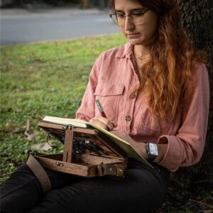 Writers Messenger Wood Box, Multi-Function Artist Tool and Brush Storage Box,Retro Wooden Handmade Portable Crossbody Postman Bag for Anyone That Just Loves Writing