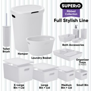 Superio Ribbed Collection - Decorative Plastic Open Home Storage Bins Organizer Baskets, Large White Smoke (1 Pack) Container Boxes for Organizing Closet Shelves Drawer Shelf 15 Liter/16 Quart