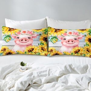 Sunflowers Bedding Set Twin Size for Kids Boys Bedroom,Cute Pig Bed Duvet Cover Set,Farmhouse Theme Comforter Cover Pink Animals Decor 2 Pieces 1 Duvet Cover with 1 Pillowcase No Comforter