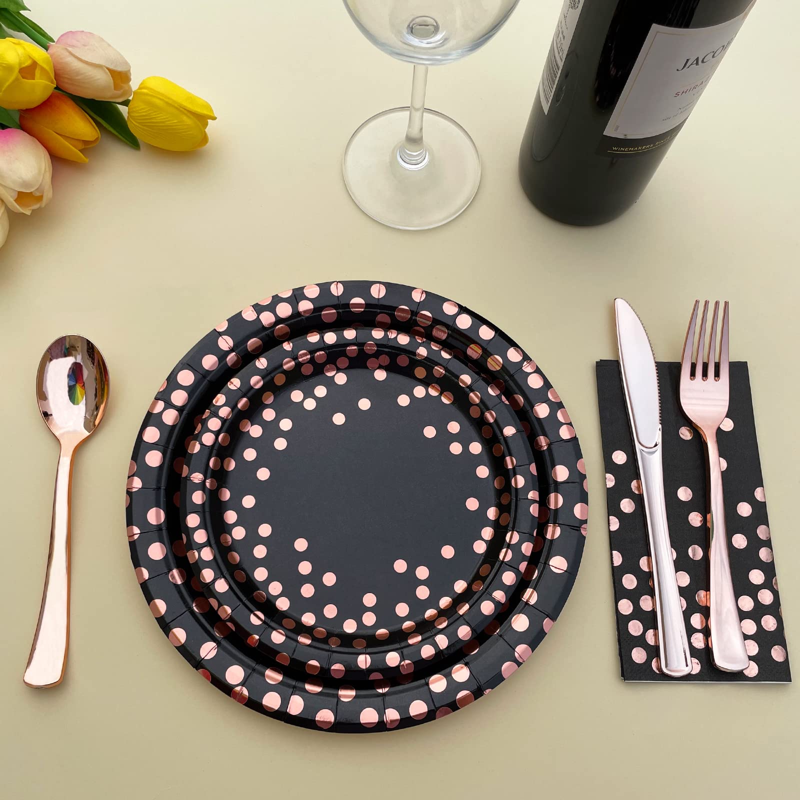 Black and Gold Party Supplies, Black and Rose Gold Birthday Plates, Serves 16, Including Rose Gold Plates, Napkins, Cups, Sturdy Silverware for Bridal Shower, Birthday Party Decorations - 112PCS