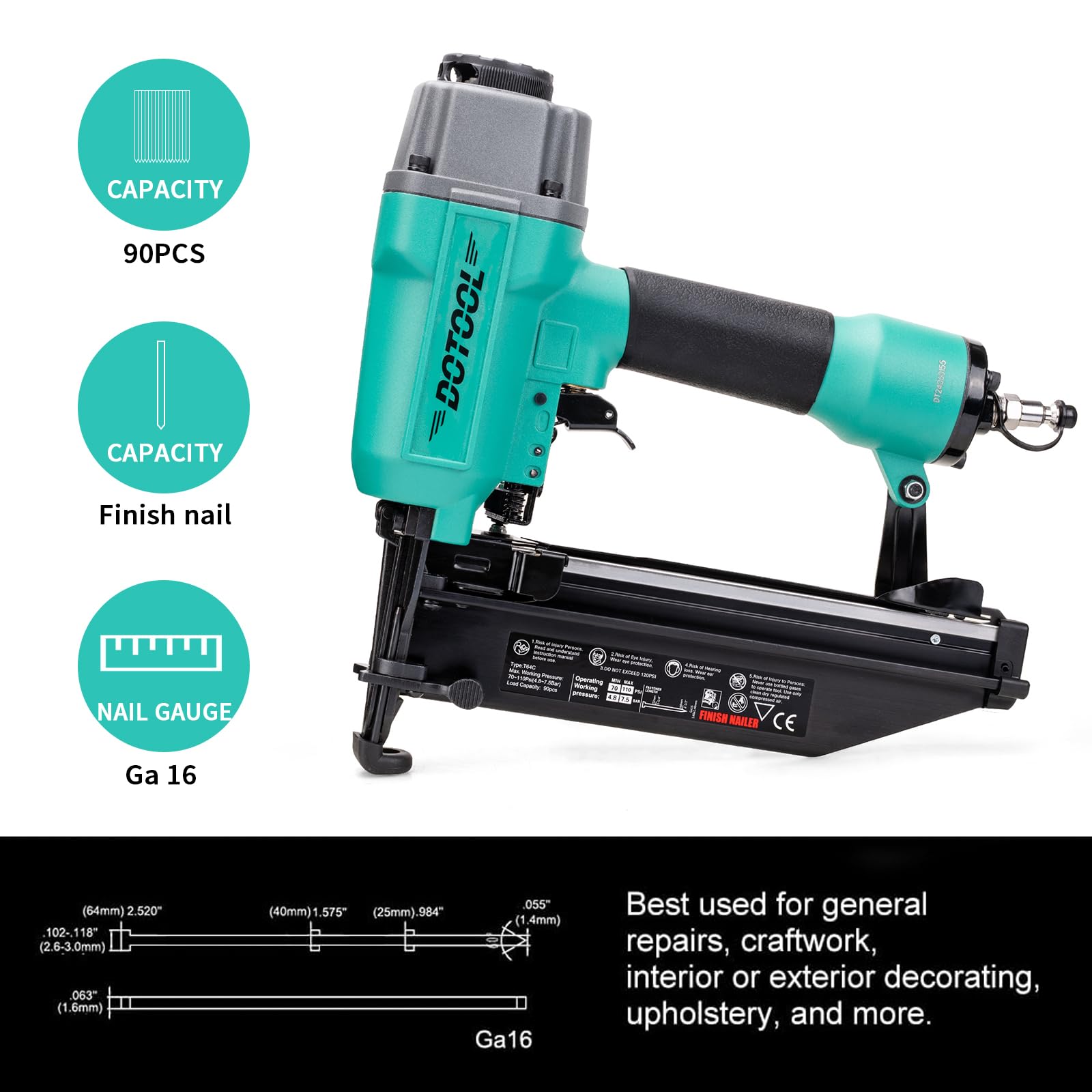 DOTOOL Finish Nailer 16GA 1-inch to 2-1/2-inch Finish Nails Pneumatic Nail Gun with Tool-Free Depth Adjust