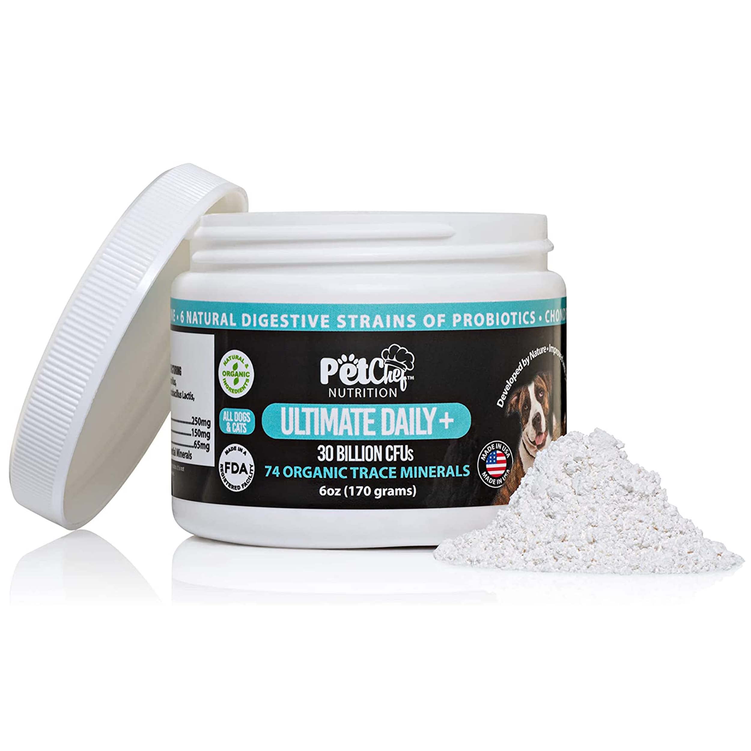 Ultimate Pet Chef Dog Cat Powder Food Topper. 74 Organic Minerals, Prebiotics, Probiotics, Hip and Joint Benefits and Luxurious Fur. Stops Fur Shedding No Smell. No Taste. Sprinkle Over Any Food.