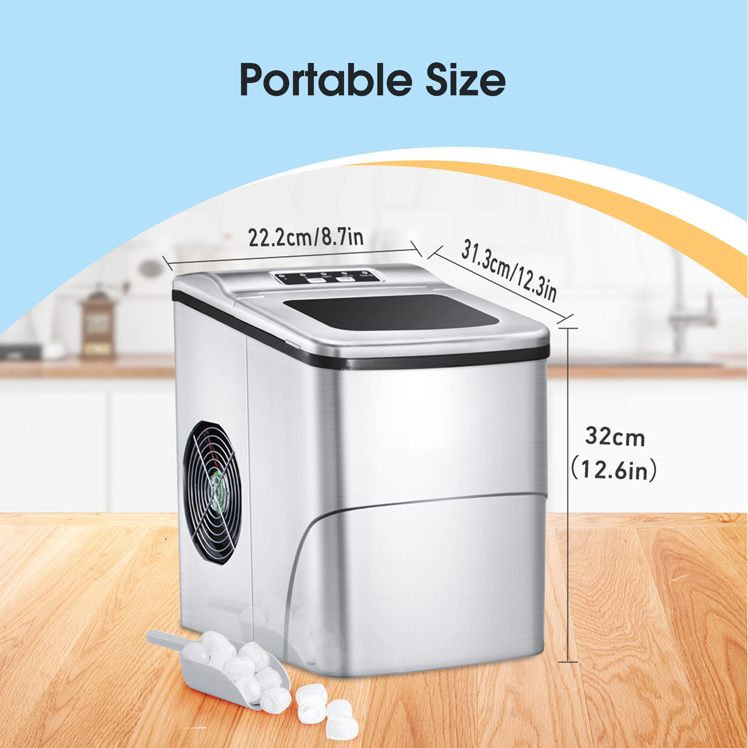 Vestynska 26Lbs Portable Ice Maker, Compact Maker Countertop Machine, Self-Cleaning, 9 Cubes Ready in 6 Mins, Per Day, 2 Sizes of Bullet Ice, 2L Electric for Party Home Camping, Silver