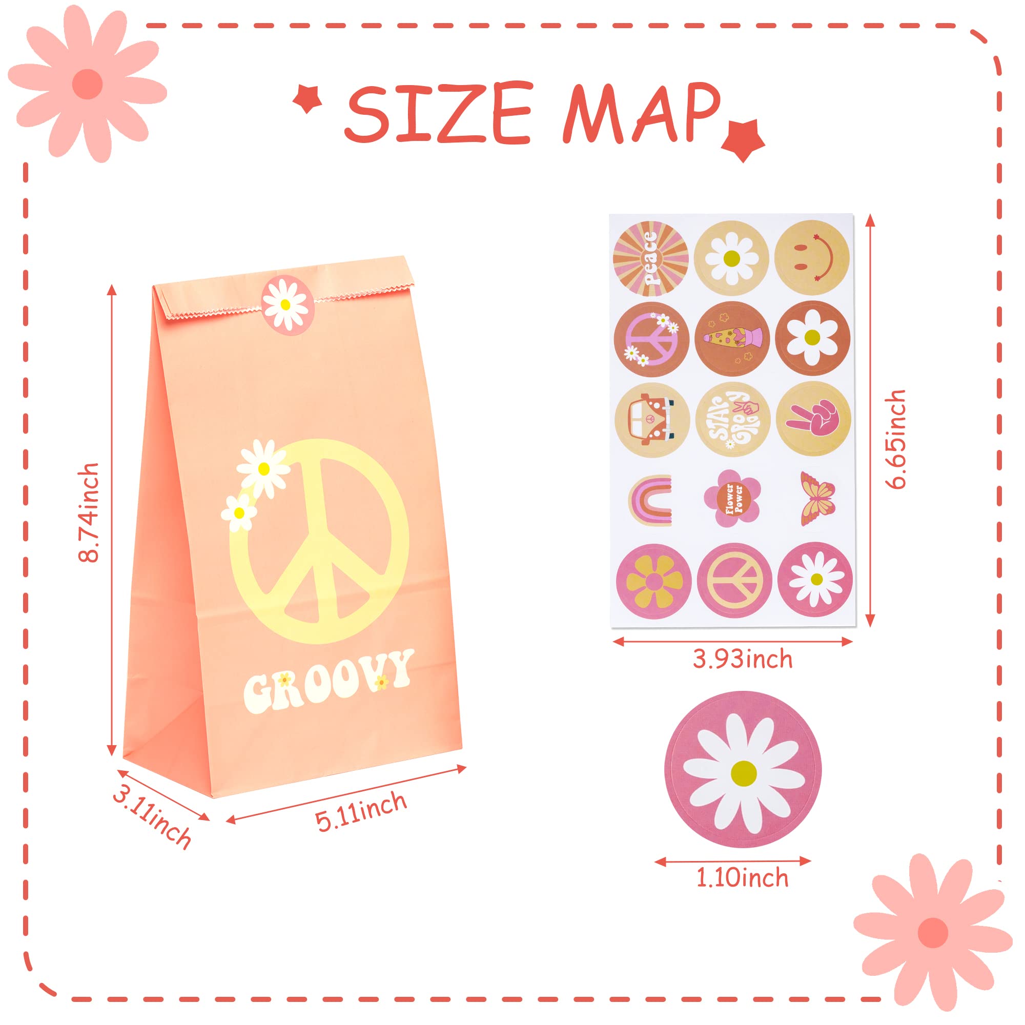 A1diee 24Pcs Groovy Retro Hippie Boho Party Favors Bags with Stickers Star Groovy Snacks Candy Party Favors Supplies Paper Bags Rainbow Pink Orange Gift Bags for Girls Birthday Baby Shower Wedding