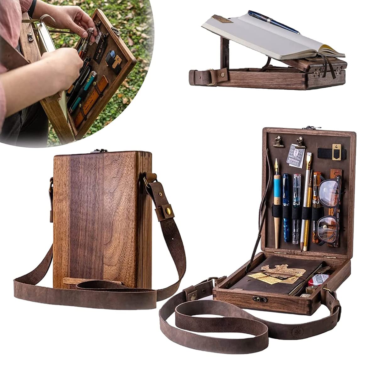 Writers Messenger Wood Box, Multi-Function Artist Tool and Brush Storage Box,Retro Wooden Handmade Portable Crossbody Postman Bag for Anyone That Just Loves Writing