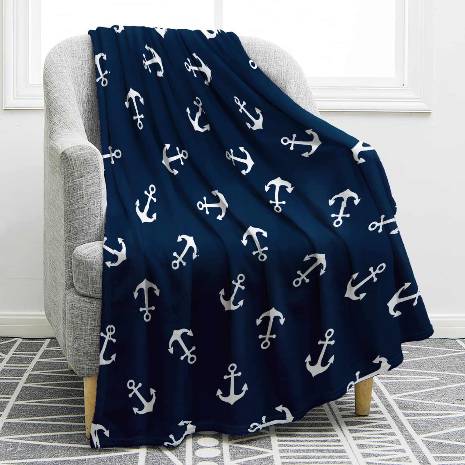 Jekeno Nautical Anchor Blanket Gifts for Men Women Kids Boys Birthday Christmas for Dad Husband Son Fathers Day Presents Sea Adventure Ocean Theme Navy Throw Blankets Dark Blue 50"x60"