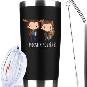 ATHAND Supernatural Merchandise Gifts Sam & Dean Moose & Squirrel Insulated Tumbler Cups Coffee Wine Mug With Lid Straw 20 OZ - Gifts Ideas for TV Show Fan,Friends, Family and Your Soul Mates (Black)