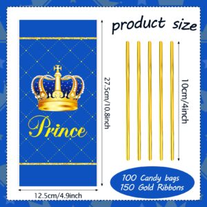 100 Pcs Royal Prince Party Favor Bags Plastic Gift Bags Blue Candy Bags with Ties Treat Bags Goodie Bags with 150 Pcs Gold Twist Ties for Birthday Party Baby Shower Supplies, 5 x 11 Inch