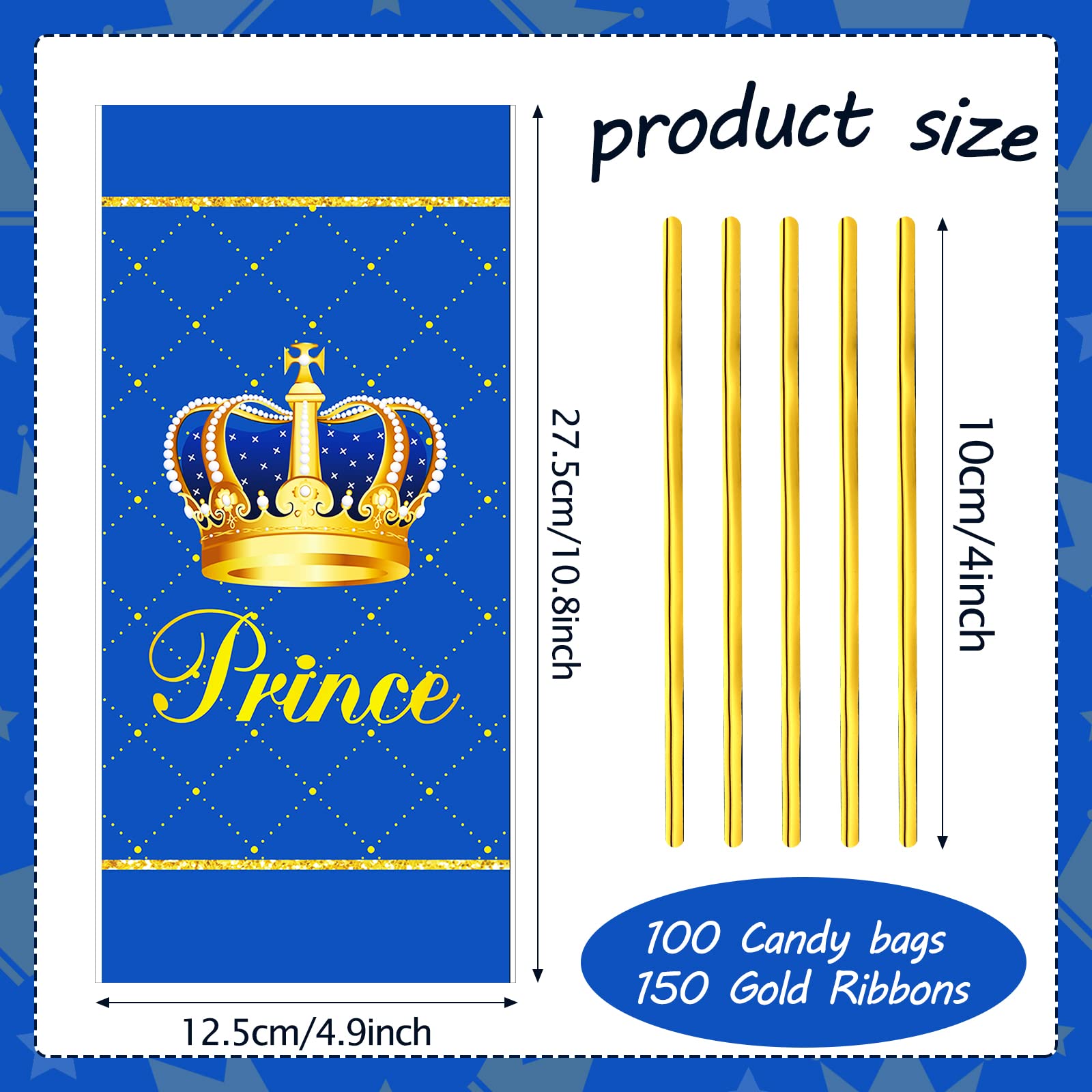 100 Pcs Royal Prince Party Favor Bags Plastic Gift Bags Blue Candy Bags with Ties Treat Bags Goodie Bags with 150 Pcs Gold Twist Ties for Birthday Party Baby Shower Supplies, 5 x 11 Inch