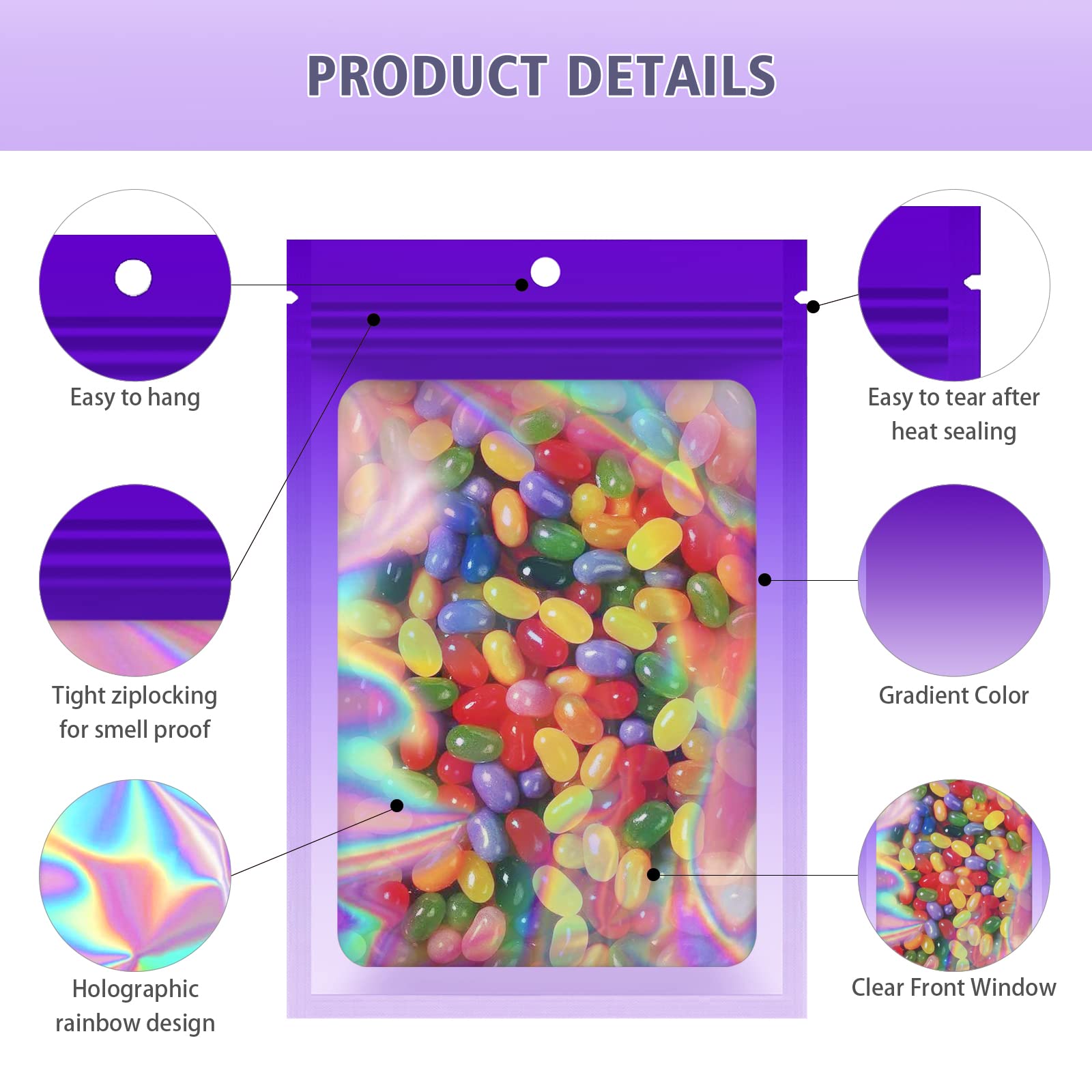 100 Pieces Resealable Mylar Bags, Smell Proof Bags with Clear Window for Food Storage Party Favor Packaging Small Business (Gradient Purple, 4.1×5.9 Inch)