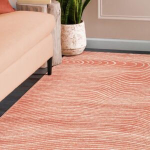 Superior Indoor Area Rug, Plush Carpet Cover, High-Traffic Rugs, Jute Backing, Hallways, Entry, Office, Living Room, Kitchen, Modern Abstract Wood Grain, Veer Collection, 7' x 9', Coral