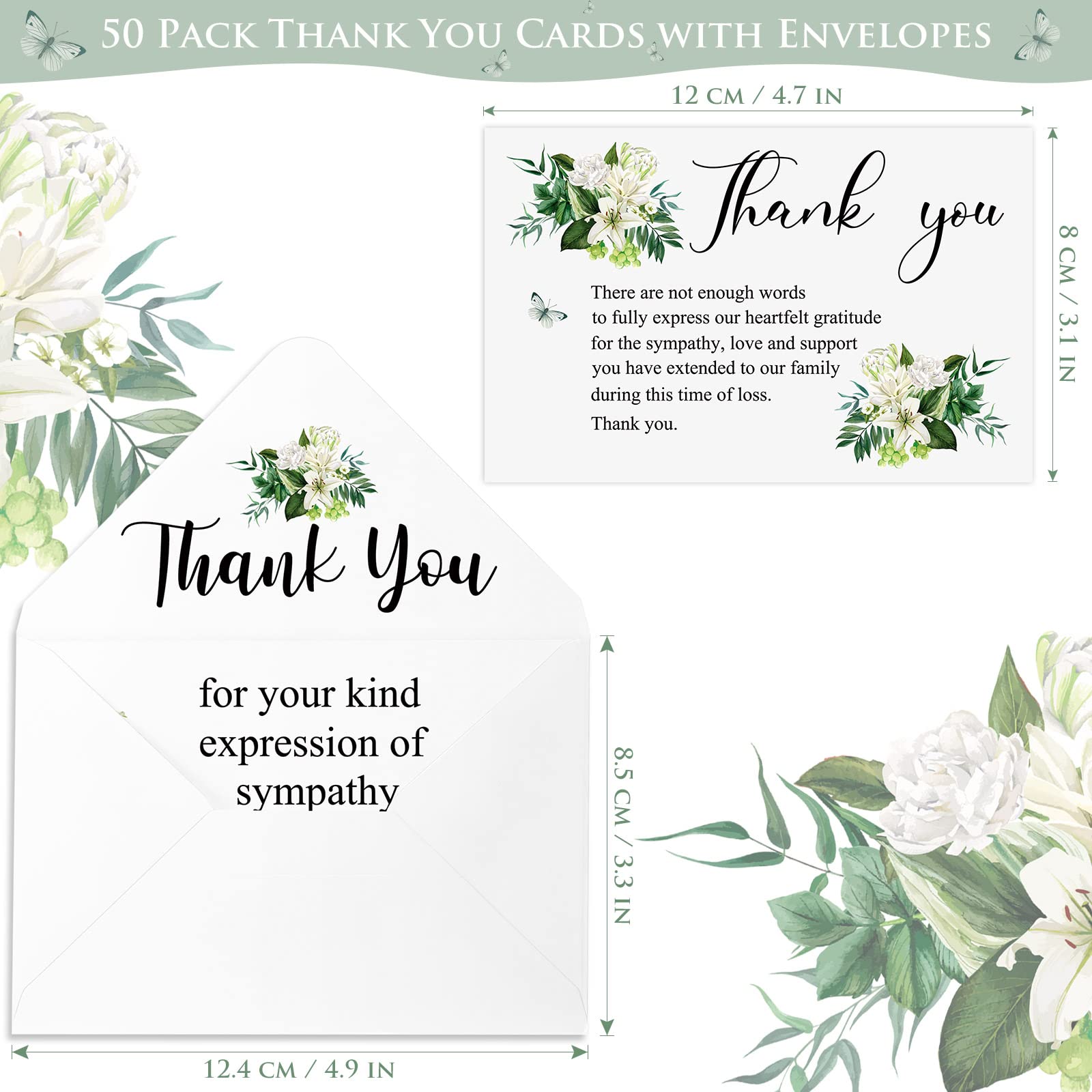 Marspark 50 Pack Thank You Sympathy Cards Funeral Thank You Cards with Envelopes and Message Memorial Card Sympathy Cards Greenery Bereavement Cards for Funeral Family Friends Loved Ones (Lily)