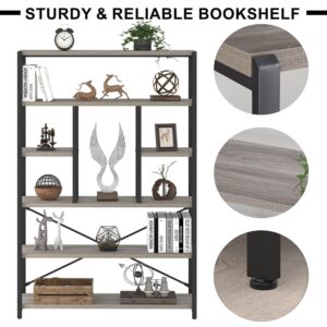 LVB Industrial 6 Tier Bookshelf, Large Tall Open Rustic Vintage Etagere Bookcase, Gray Big Wide Modern Farmhouse Wood and Metal Book Shelf for Home Bedroom Living Room Office Storage, Light Grey Oak