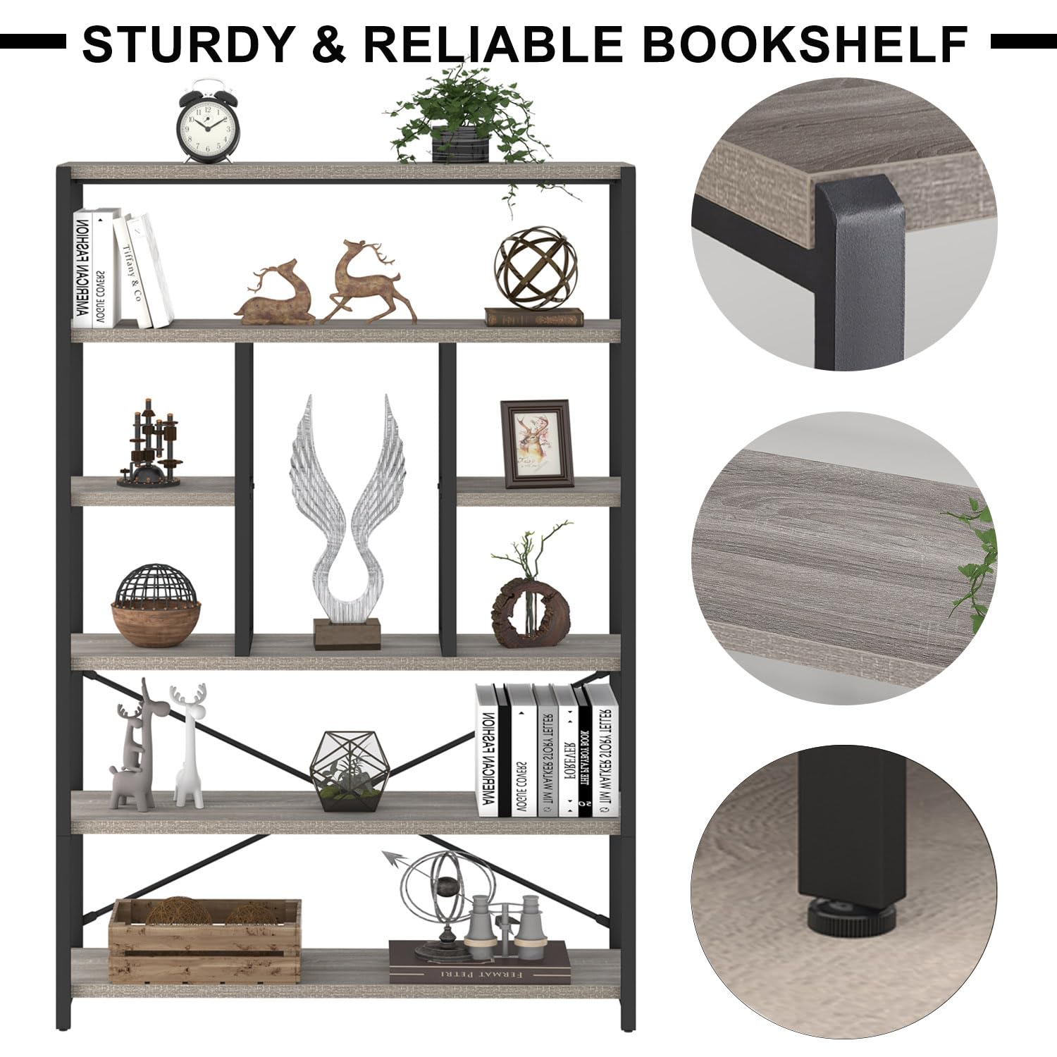 LVB Industrial 6 Tier Bookshelf, Large Tall Open Rustic Vintage Etagere Bookcase, Gray Big Wide Modern Farmhouse Wood and Metal Book Shelf for Home Bedroom Living Room Office Storage, Light Grey Oak