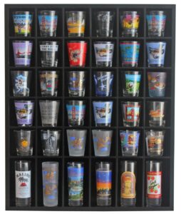 black shot glass display case 36 slots minifigures thimble collection display rack freestanding - no door (with 1 row for tall shooters)