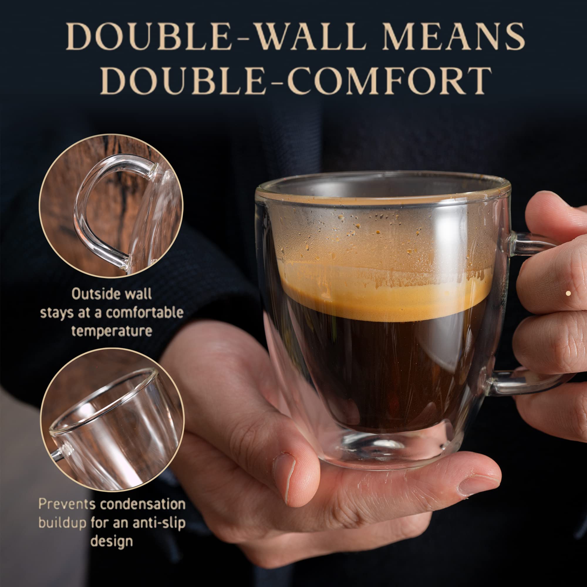 YUNCANG 5.5 oz Espresso Mugs (Set of 4), Double Wall Glass Coffee Cups with Handle Insulated Glasses Espresso Mugs