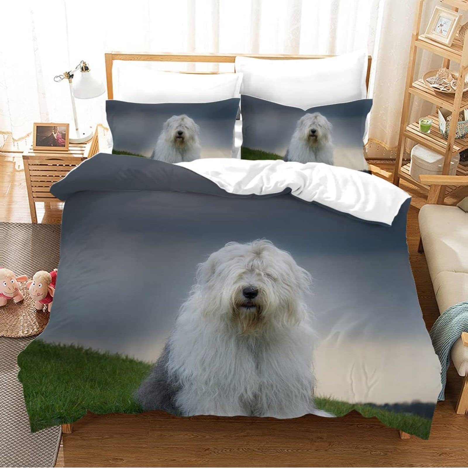 AJIGEN Duvet Cover King Size Dark Blue Old English Sheepdog Super Microfiber King Size Bedding Sets with Zipper - 2 Pillowcases 20"x 36" - Ultra Soft Easy Care and Breathable King Duvet Covers