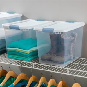 Sterilite 25 Quart Stackable Box Latching Plastic Storage Containers with Lids to Organize Closet Shelf and Garage, Clear/Blue (24 Pack)