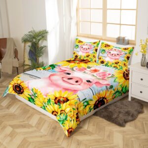 Sunflowers Bedding Set Twin Size for Kids Boys Bedroom,Cute Pig Bed Duvet Cover Set,Farmhouse Theme Comforter Cover Pink Animals Decor 2 Pieces 1 Duvet Cover with 1 Pillowcase No Comforter