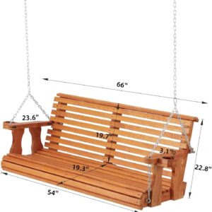 U-MAX Upgraded 2-3 Person Wooden Porch Swing, Outdoor Wooden Swing with Hanging Chains, Heavy Duty 800 LBS Capacity Porch Swing Chair Bench with Cupholders for Patio, Backyard, Garden (Natural, 6.5FT)