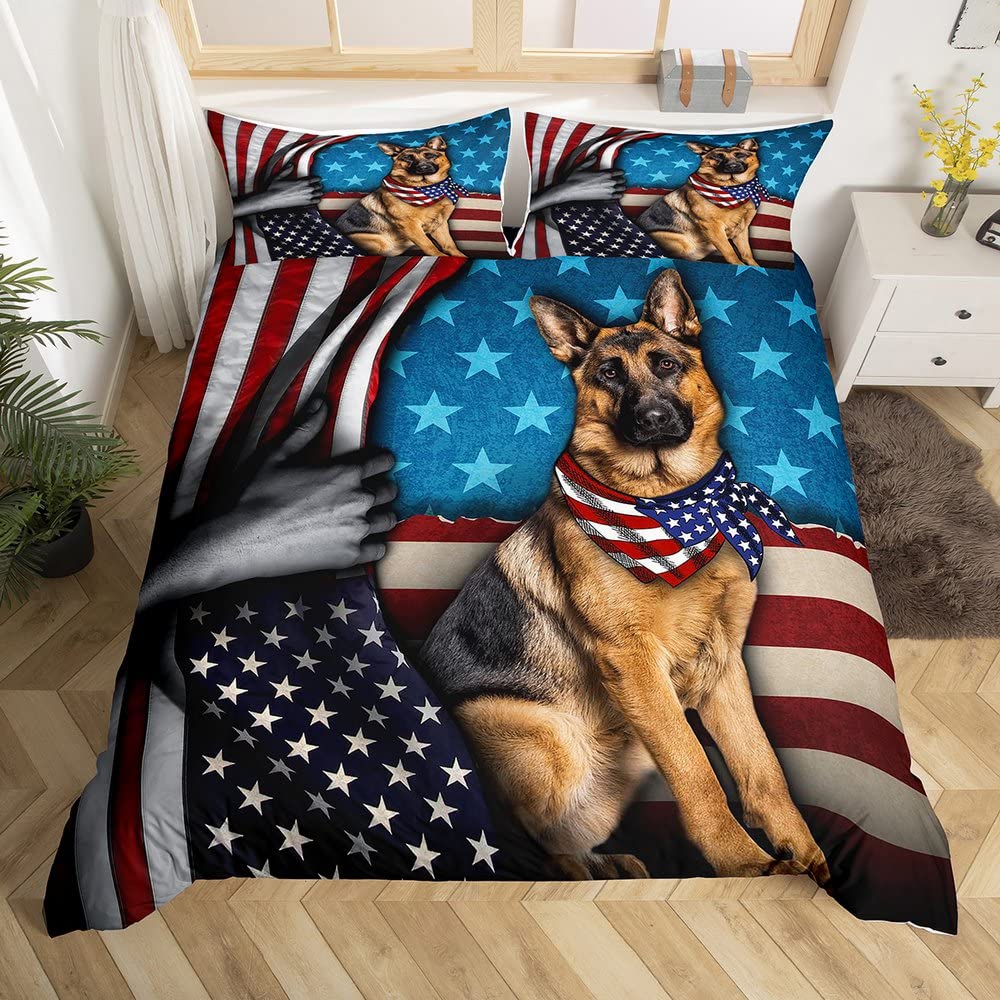 American Flag Duvet Cover Set King Size,German Shepherd Animal Comforter Cover with 2 Pillowcases,Stars Stripes USA Flag Modern Bedding Set for Adult Young Bedroom Xmas Gift